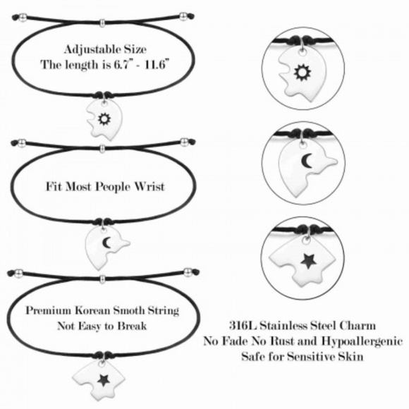 Matching Puzzle Heart Bracelets 3 BFF Friendship/Sister/Mother Sun Moon Star - Picture 4 of 5